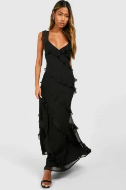 Maxi Dresses*boohoo Chiffon Ruffle Strappy Maxi Dress black