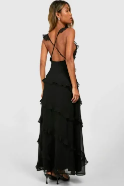 Maxi Dresses*boohoo Chiffon Ruffle Strappy Maxi Dress black