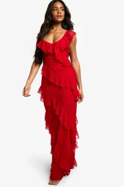 Maxi Dresses*boohoo Chiffon Ruffle Strappy Maxi Dress red