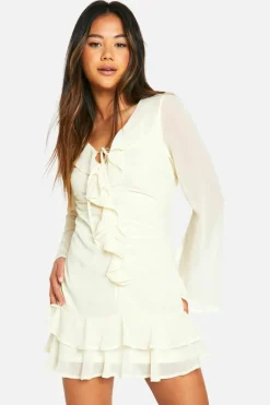 Skater Dresses*boohoo Chiffon Ruffle Tie Front Mini Dress cream