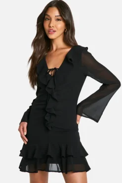 Skater Dresses|Mini Dresses*boohoo Chiffon Ruffle Tie Front Mini Dress black