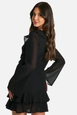 Skater Dresses|Mini Dresses*boohoo Chiffon Ruffle Tie Front Mini Dress black