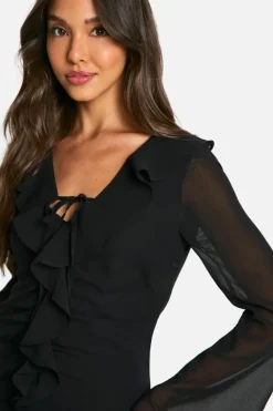 Skater Dresses|Mini Dresses*boohoo Chiffon Ruffle Tie Front Mini Dress black