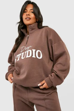 Sweatshirts|Dsgn Studio*boohoo Plus Dsgn Studio Script Half Zip Sweatshirt chocolate