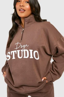 Sweatshirts|Dsgn Studio*boohoo Plus Dsgn Studio Script Half Zip Sweatshirt chocolate