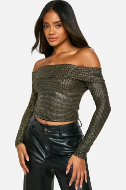 Long Sleeve Tops*boohoo Christmas Glitter Bardot Long Sleeve Top black