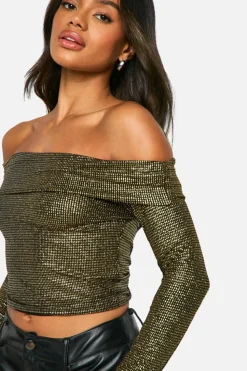 Long Sleeve Tops*boohoo Christmas Glitter Bardot Long Sleeve Top black