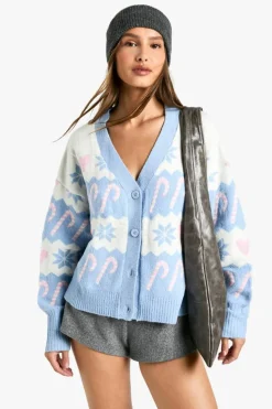 Cardigans*boohoo Christmas Heart Fairisle Cardigan blue