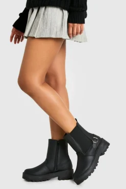 Chunky Boots|Ankle Boots*boohoo Chunky Buckle Detail Chelsea Boots black