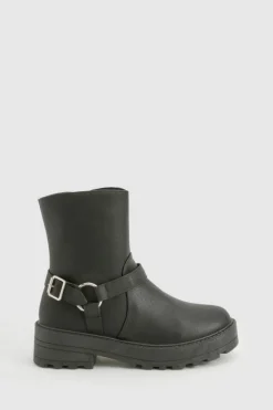 Calf High Boots|Chunky Boots*boohoo Chunky Calf High Biker Boots black