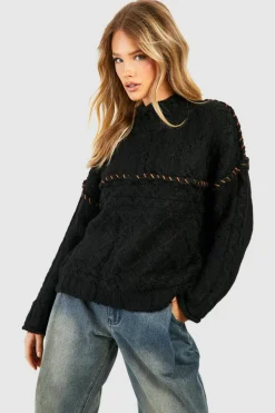 Oversized Jumpers*boohoo Chunky Contrast Stitch Jumper black