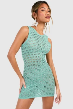 Jumper Dresses|Jumper Dresses*boohoo Chunky Crochet Scoop Back Mini Dress turquoise