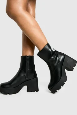 Chunky Boots|Heeled Boots*boohoo Chunky Heeled Sock Ankle Boots black