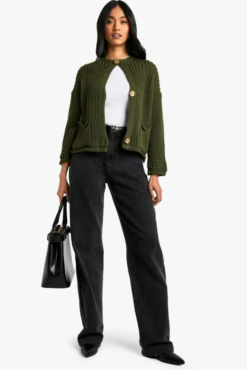 Cardigans|Jumpers & Cardigans*boohoo Chunky Knit Button Detail Oversized Knitted Cardigan khaki