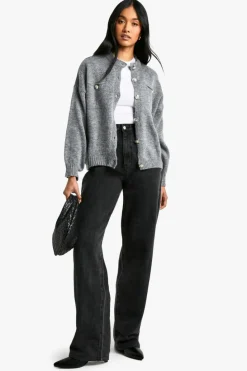 Cardigans*boohoo Chunky Knit Button Detail Oversized Cardigan charcoal