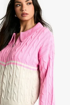 Jumpers|Knitwear*boohoo Chunky Knit Cable Detail Zip Through Collared Jumper pink