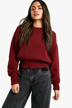 Jumpers|Knitwear*boohoo Chunky Knit Dropped Shoulder Boxy Fit Jumper wine