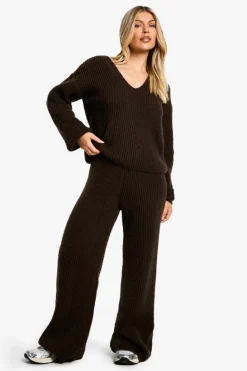 Knitted Co-Ords|Knitwear*boohoo Chunky Knit Extreme V Neck Jumper and Wide Leg Trouser Knitted Co-Ord choc brown