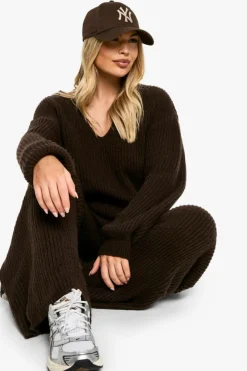 Knitted Co-Ords|Knitwear*boohoo Chunky Knit Extreme V Neck Jumper and Wide Leg Trouser Knitted Co-Ord choc brown