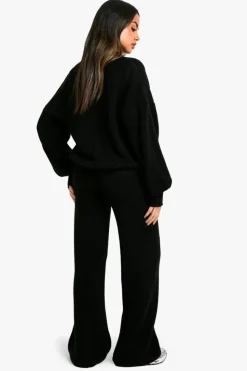 Knitted Co-Ords|Knitwear*boohoo Chunky Knit Oversized Cardigan and Wide Leg Trouser Co-Ord black