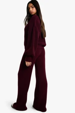 Knitted Co-Ords|Knitwear*boohoo Chunky Knit Oversized Cardigan and Wide Leg Trouser Co-Ord plum