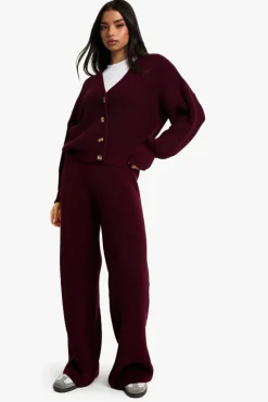 Knitted Co-Ords|Knitwear*boohoo Chunky Knit Oversized Cardigan and Wide Leg Trouser Co-Ord plum