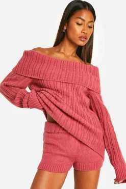 Knitted Co-Ords|Shorts*boohoo Chunky Knitted Bardot Jumper & Short Co-ord pink