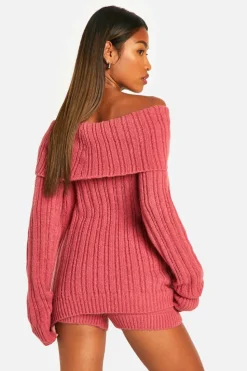 Knitted Co-Ords|Shorts*boohoo Chunky Knitted Bardot Jumper & Short Co-ord pink