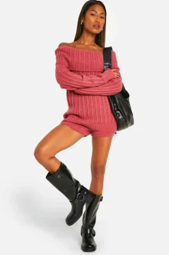 Knitted Co-Ords|Shorts*boohoo Chunky Knitted Bardot Jumper & Short Co-ord pink