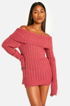 Knitted Co-Ords|Shorts*boohoo Chunky Knitted Bardot Jumper & Short Co-ord pink
