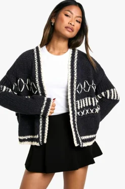 Cardigans*boohoo Chunky Knitted Contrast Stitch Cardigan navy