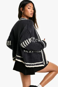 Cardigans*boohoo Chunky Knitted Contrast Stitch Cardigan navy