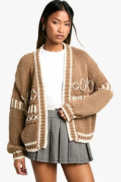Cardigans*boohoo Chunky Knitted Contrast Stitch Cardigan camel