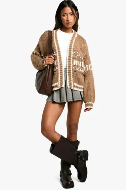 Cardigans*boohoo Chunky Knitted Contrast Stitch Cardigan camel