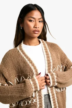 Cardigans*boohoo Chunky Knitted Contrast Stitch Cardigan camel