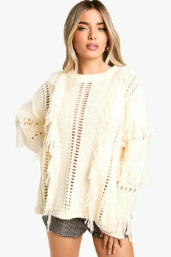 Jumpers*boohoo Chunky Knitted Fringe Detail Jumper stone
