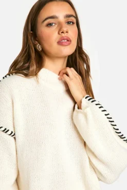Jumpers|Jumpers & Cardigans*boohoo Chunky Knitted High Neck Contrast Stitch Jumper cream