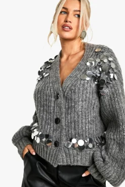 Cardigans*boohoo Chunky Knitted Sequin Disk Detail Cardigan grey