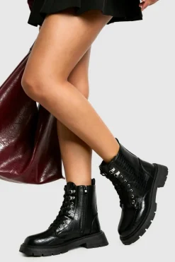 Chunky Boots|Biker Boots*boohoo Chunky Lace Up Croc Hiker Boots black