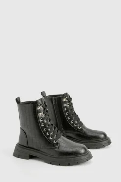 Chunky Boots|Biker Boots*boohoo Chunky Lace Up Croc Hiker Boots black