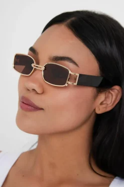 Sunglasses*My Accessories London Chunky Metal Frame Rectangle Sunglasses in and Gold Brown