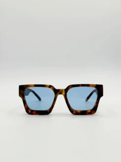 Sunglasses*SVNX Chunky Oversize square Sunglasses in Tortoiseshell with Blue Lenses Brown