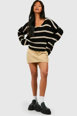 Oversized Jumpers|Jumpers*boohoo Chunky Oversized Stripe V Neck Jumper black