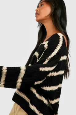 Oversized Jumpers|Jumpers*boohoo Chunky Oversized Stripe V Neck Jumper black