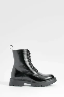 Chunky Boots|Biker Boots*boohoo Chunky Patent Lace Up Hiker Boots black