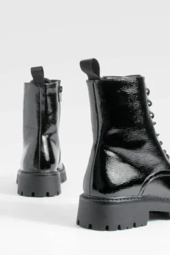 Chunky Boots|Biker Boots*boohoo Chunky Patent Lace Up Hiker Boots black