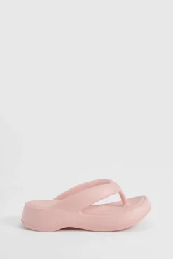 Sandals*boohoo Chunky Platform Square Toe Flip Flops baby pink
