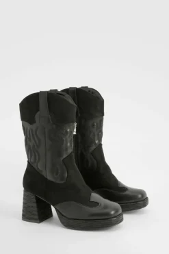 Chunky Boots|Cowboy Boots*boohoo Chunky Platform Western Heeled Boots black