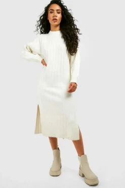 Maxi Dresses|Midi Dresses*boohoo Chunky Rib Soft Knitted Midi Dress ecru