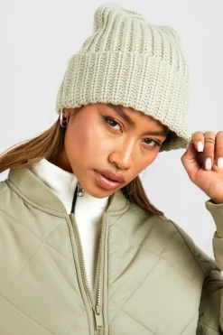 Earmuffs|Hats & Gloves*boohoo Chunky Ribbed Knit Beanie khaki
